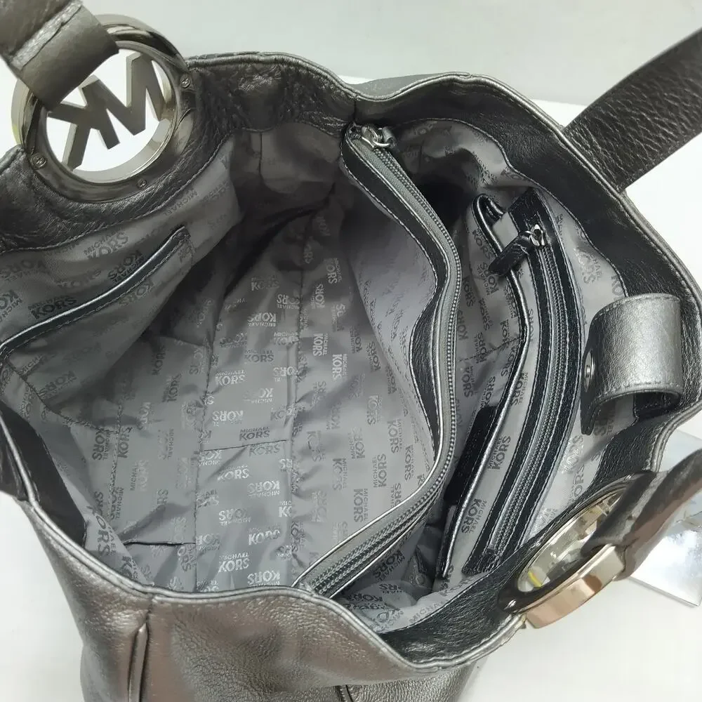 Michael Kors Metallic Gray Leather Double Handles Shoulder Bag